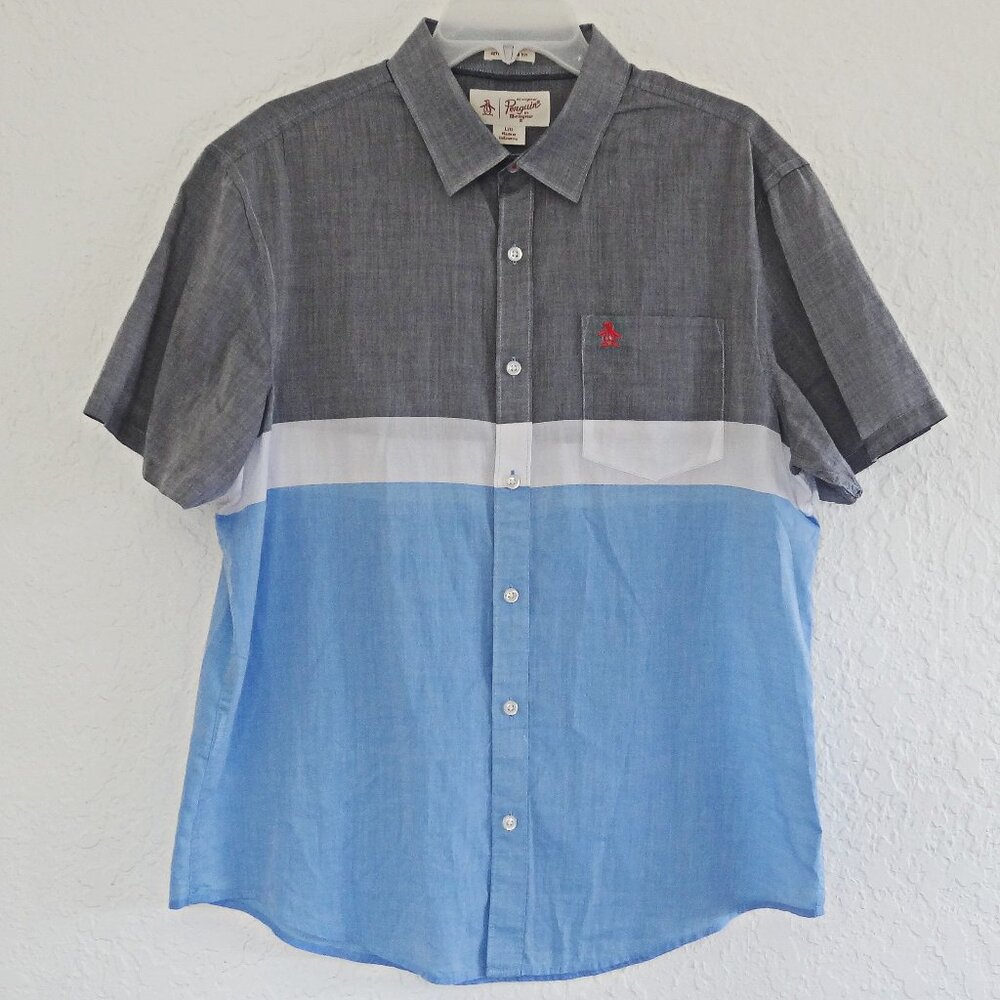 ORIGINAL PENGUIN Men’s L Heritage Slim Fit Button Up Shirt Blue Gray Colorblock